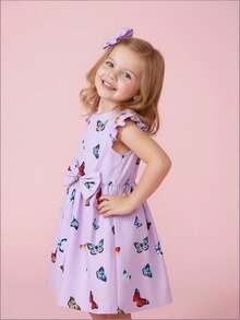 Young Girl Sweet Butterfly Printed Flutter Sleeve Dress For Summer - Purple - View 6