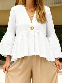 Spring/Summer New Women's Casual V-Neck Pullover Top, Travel & Outing Blouse, White Button-Down Shirt, Loose Fit Casual Women's Shirt - White - View 2