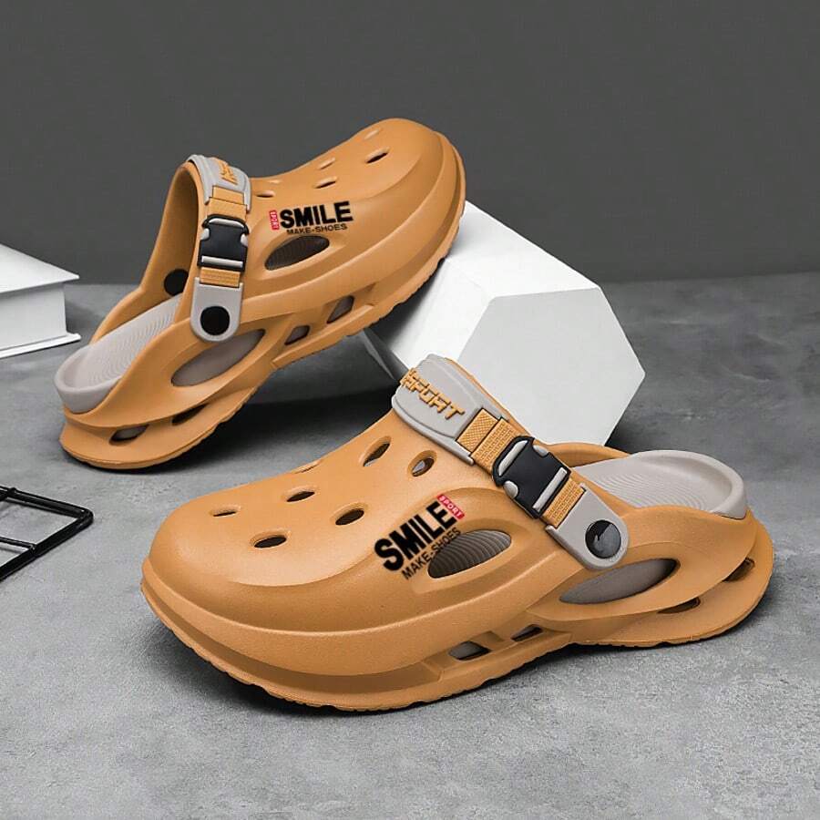 Men's Fashion New Letter Neutral Vacation Avant-Garde EVA (Ethylene-Vinyl Acetate Copolymer) Buckle Hollow Couple Thick-Soled Slippers, Outdoor Home Beach Spring/Summer Increased Height Indoor Anti-Slip Anti-Odor Garden Shoes, Versatile Novelty Breathable Sandals - Orange - View 1