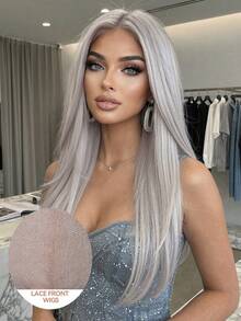 Tóc giả tổng hợp chịu nhiệt màu xám bạc, kích thước 13x4 inch dành cho nữ - Kiểu tóc tự nhiên hàng ngày, dự tiệc, cosplay, phù hợp với mọi tông da, tóc giả ngắn, phụ kiện tóc dự tiệc, đạo cụ trang phục - Bạc - Xem 1