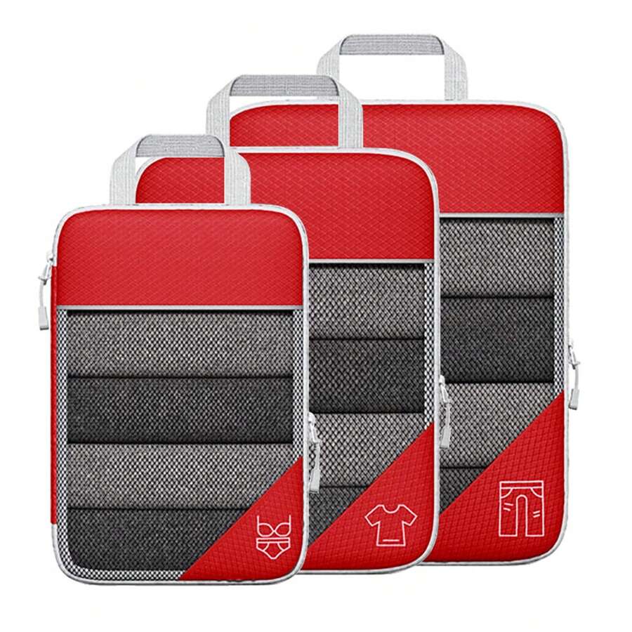 3PCS Compression Packing Cube Kit Mesh Design Visible Waterproof Portable for Travel Daily Use Red - Rojo - Ver 1