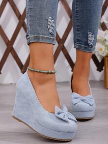 1 par de zapatos de plataforma y cuña con lazo decorativo para mujer, adecuados para salidas, ir al trabajo y fiestas - Azul - Ver 4