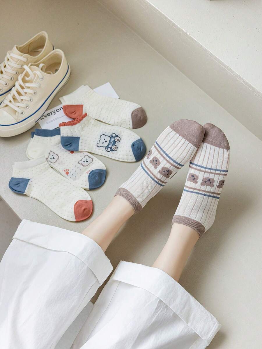 1/5 Pairs Cute Bear Pattern Women Short Socks, Breathable Bamboo Cotton Big Mesh Design, Adorable College Style, Suitable For Spring And Autumn Daily Wear - Multicolor - View 1