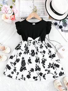 女童夏季黑白玫瑰印花公主裙，荷叶袖，腰间系带蝴蝶结，裙摆呈喇叭形，尽显奢华公主风范 - 黑色 - 查看 4