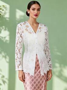 女士 Caba - 优雅刺绣前开襟镂空长袖开衫，适合春夏穿着 - 白色开衫上衣，开斋节服装，开斋节 - 白色 - 查看 5