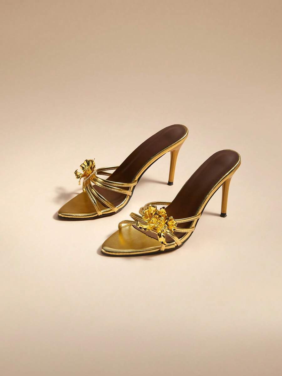 女士时尚新款纤细高跟性感派对及日常穿着优雅高跟凉鞋情人节婚礼 - 金色 - 查看 1