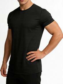 Men's Black Textured Crew Neck T-Shirt Slim Fit Casual Summer Basic Tee - Black - View 5