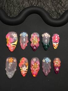 10 Piece 2.5-Centimeter Handmade Almond Shaped Wearable Nail Set, Decorated With Rhinestones, Spots, Stripes, And Petals, Suitable For Women And Girls, Valentine's Day, Parties, Festivals, And Daily Wear. Nail Accessories, Acrylic Nail Kit, Including Kit, Hand Pressed Nail Art, Fake Nail Stickers, And Nail Supplies. - Nhiều màu - Xem 2
