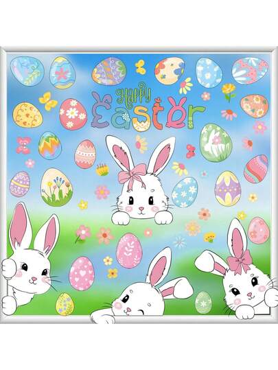 6pcs Easter Window Stickers, Happy Easter Bunny And Eggs Window Decals, Floral Painting Style Eggs And Bunnies Stickers For Holiday Party Decor, Home Door Window Decor, Office Decor, Party Favors, Spring Glass Decor, Easter Decoration
