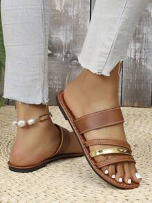 Women's Flat Slide Sandals, Fashion Casual Comfortable Slip-On Flat Sandals For Summer, Versatile Beach Vacation Daily Wear Slippers - Brown - View 5