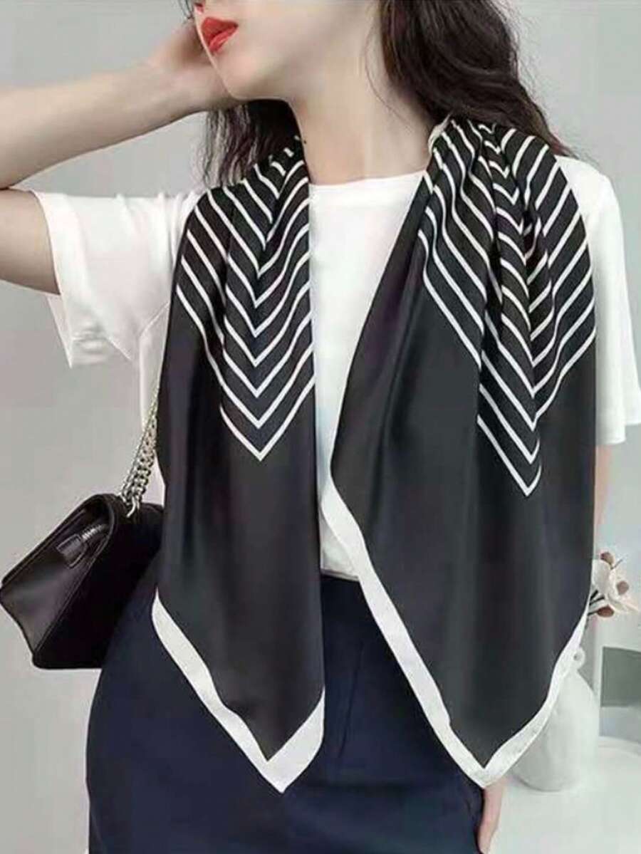 Women's Scarf With Elegant Geometric Print And Satin Finish, 90cm X 90cm - 黑色 - 查看 1