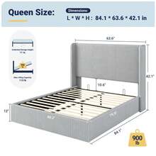 Allewie Full/Queen/King Size Lift-Up Storage Bed Frame With Modern Wingback Headboard, Corduroy Upholstered Platform Bed, Hydraulic Gas Lift Support, Underbed Storage, Wooden Slats, No Box Spring Needed, Grey - 灰色 - 查看 10