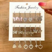 Gold Silver Heart Butterfly Hoop Earring Set Small Earrings For Women Jewelry Accessories - 銀色 - 查看 6