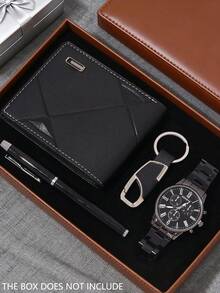 4pcs/Set Minimalist Business Casual Men's Quartz Watch Set, Full Accessories (Including Black Metal Band Roman Numeral Quartz Watch, Black Leather Geometric Texture Wallet, Black Metal Keychain, And Black Metal Pen). Adopting An All-Black Tone, Minimalist Business Design - Black - View 8