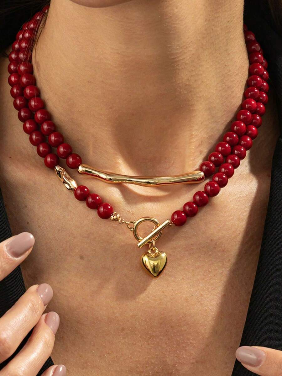 1pc Vintage Red Acrylic Beaded Choker Necklace With Heart OT Clasp - Red - View 1