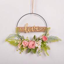1 pieza Corona floral artificial, corona de aro floral de primavera/verano, corona circular de hierro con flores y hojas artificiales, decoración de bienvenida para pared, puerta, ventana, decoración del hogar, adorno colgante para boda - Multicolor - Ver 48
