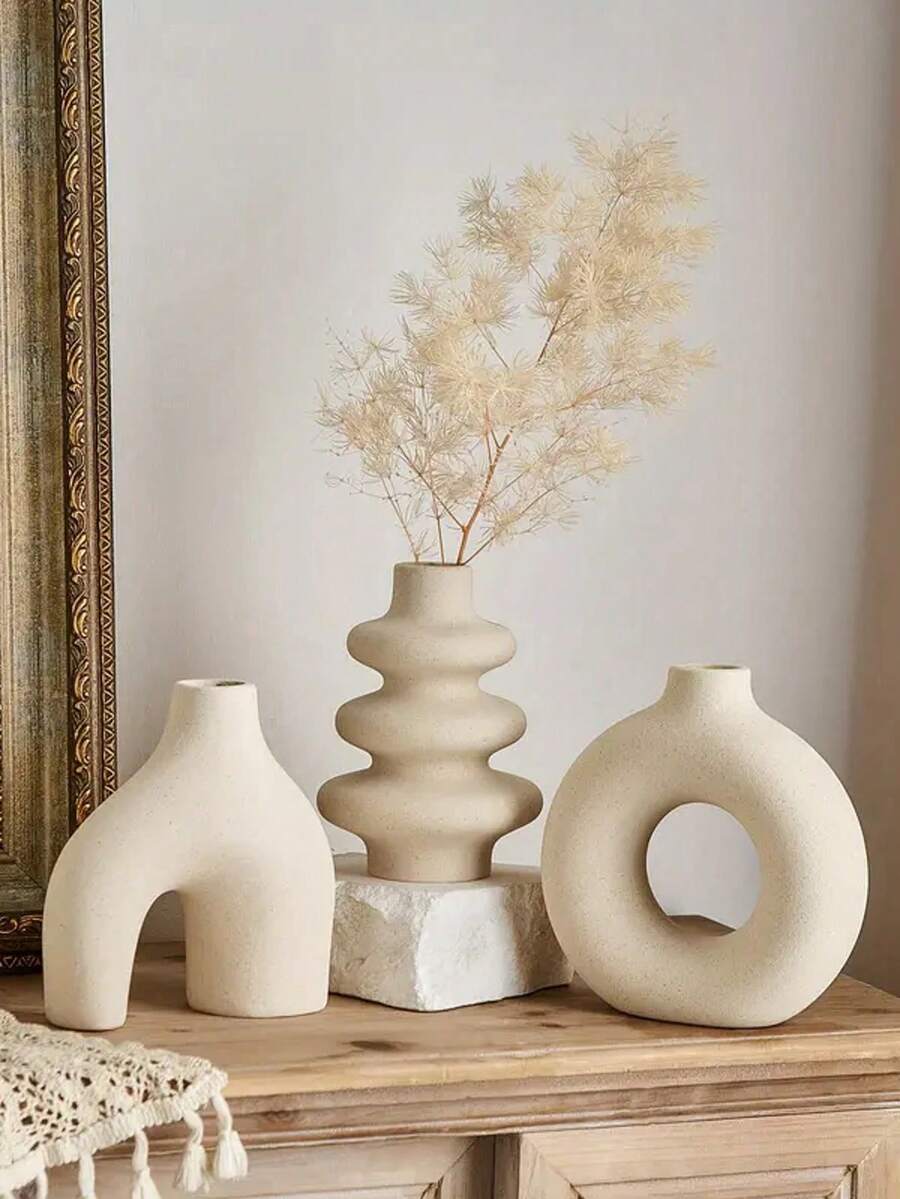 Bình hoa tròn tối giản phong cách Bohemian, thiết kế hình học, trang trí nhà cao cấp cho phòng khách, tiền sảnh, tủ TV, bình cắm hoa khô, vật trang trí để bàn. - Màu be - Xem 1