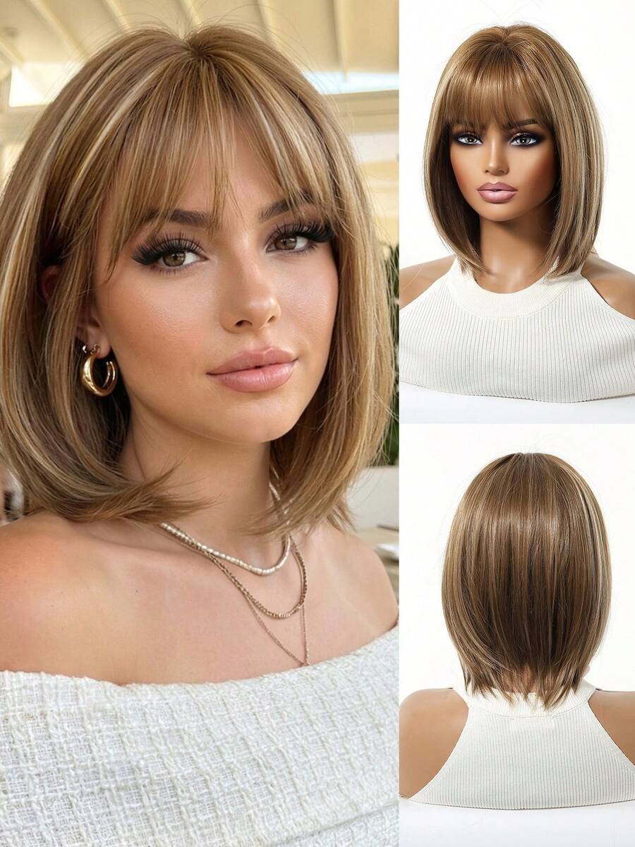 12-Inch Khaki Short Bob Wig With Bangs Is An Elegant And Fashionable Women's Wig. It Is A Heat-Resistant Synthetic Woven Wig Suitable For Festivals, Travels, Costume Parties, Family Gatherings, Role-Playing Actors, Weddings, And Daily Wear. It Is A Festival Gift For Women - 卡其色 - 查看 1