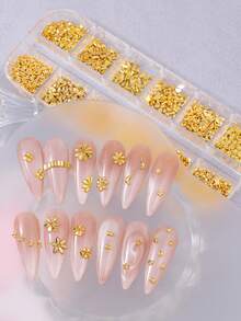 12 Compartments Gold Mini Nail Art Rhinestones, Bronze Flower Butterfly Heart Moon Gold Nail Gems, DIY Nail Salon Supplies, Japanese Nail Design - Gold - View 6