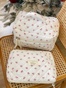 1 pièce Nouveau cadeau de Nouvel An Sac de maquillage en forme de nœud papillon matelassé rouge cerise. Sac cosmétique portable de grande capacité avec fermeture éclair, idéal pour les voyages et les vacances. Peut contenir les serviettes hygiéniques, les clés, les téléphones portables, les chargeurs, les rouges à lèvres, les cosmétiques, les parfums, les pinceaux de maquillage, les produits de soins de la peau et de beauté. Convient aux femmes, aux étudiantes, aux écolières, comme cadeau de fête. - Blanc - Voir 8