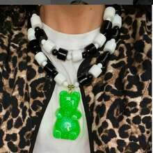 Dainty Teddy Party Wear Multi-Layer Chunky Green Cute Bear Necklaces, White & Black Beaded Pendant Necklace, Fashion Jewelry Gift For Women - Black and White Beads - View 2