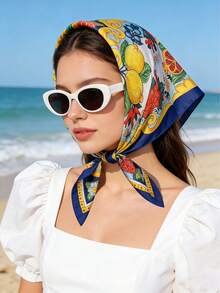 1pc Spring/Summer Beach Accessory, 27.6 Inch Square Silk Scarf, Lemon Print Neckerchief, Suitable For Travel, Beach And Daily Wear - Navy Blue Lemon - View 5