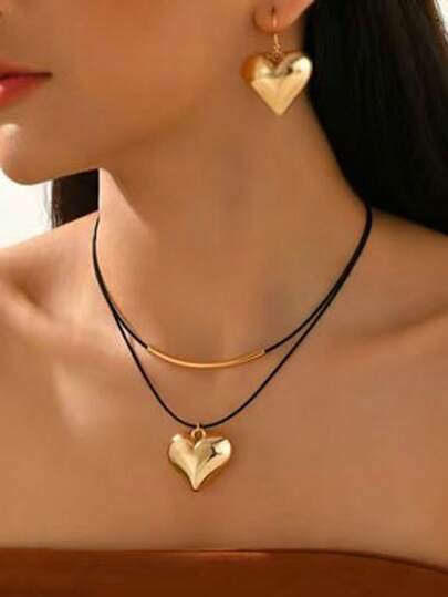 Juego de 3 piezas de joyería para mujer, collar de doble capa con colgante en forma de corazón, pendientes a juego, combinación de cadena de cuerda, minimalista y elegante, adecuado para uso diario, fiestas, atuendos de otoño/invierno, regalo de San Valentín para novia/mejor amiga