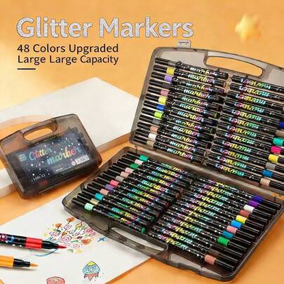 12-80 Colors Glitter Soft Tip Markers Pearlescent Gel Pens For Kids Students, Acrylic Fluorescent Drawing Pens For Hand Account Coloring, With Portable Gift Box, Ideal For Scrapbooking, Art Painting, School And Office Supplies, Perfect Birthday Gift & Back To School Gift For Children