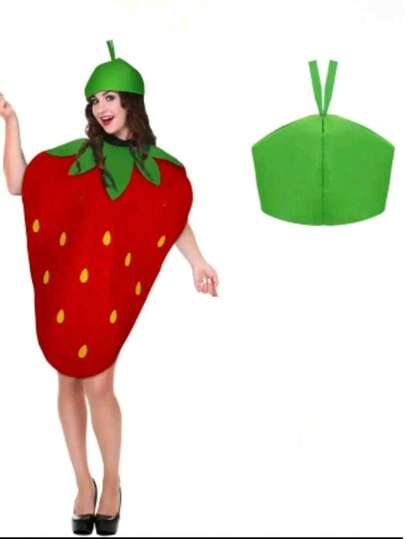 2 Pieces Christmas Carnival PartyPerformance Men's And Women's Strawberry Sets, Including Headwear,Suitable For All Kinds Of Holiday PartiesAnd Youth Balls. A Bright Red And Green Polyester Blend Is Ideal