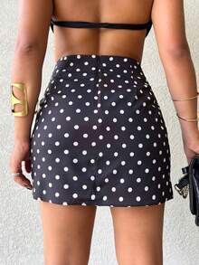Saia Mini Estampada com Bolinhas Minimalista para Mulher de Escritório Forro Shorts malha croche - Preto - Visão 2