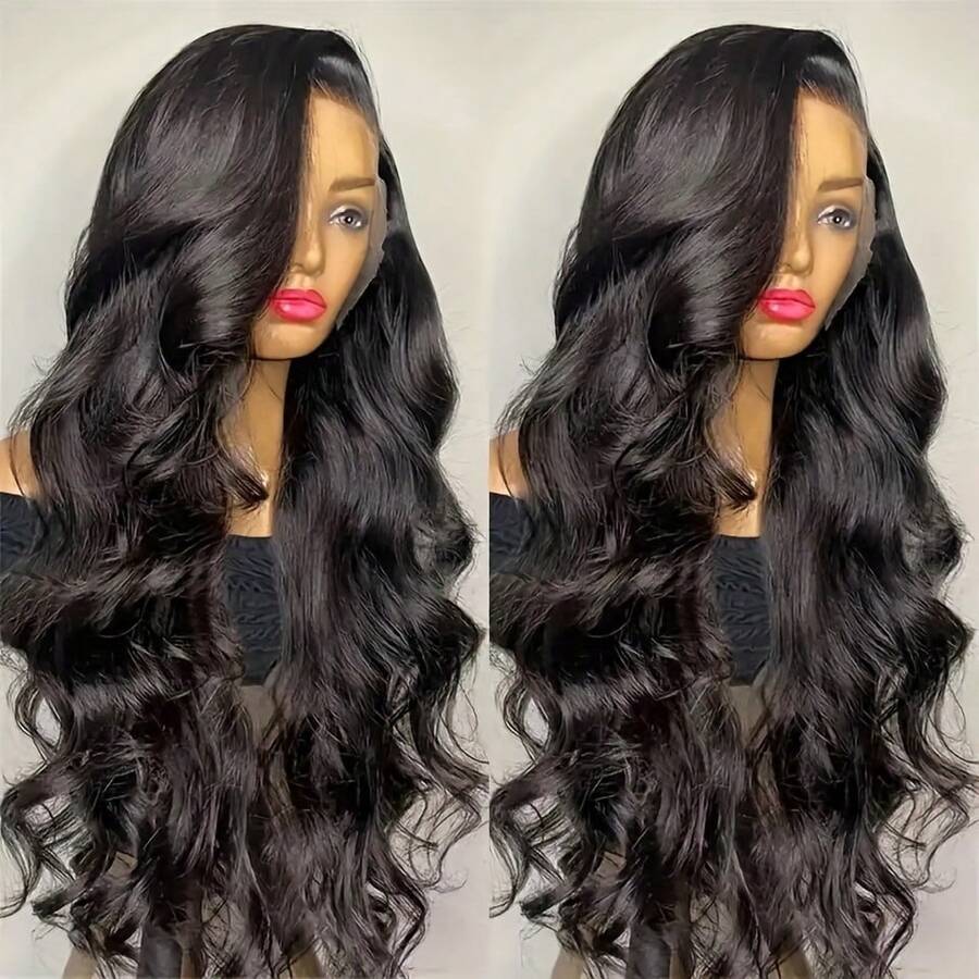 Peluca sintética NATAN de color negro con frontal de encaje 13X4 para , onda suelta, pre-arrancada con nudos blanqueados, resistente al calor para uso diario y de fiesta - Natural y Negro - Ver 1