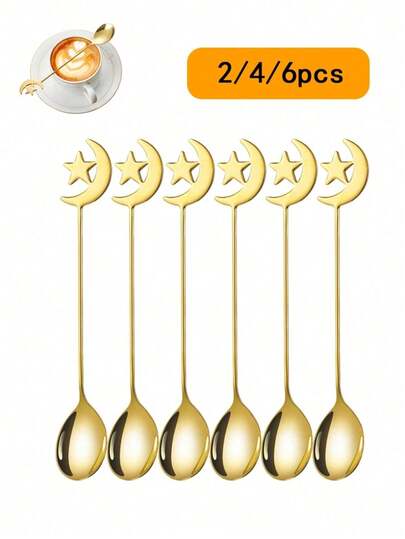 2/4/6 ملاعق صغيرة بشكل نجوم وقمر، ملاعق تحريك القهوة، عيد الفطر
