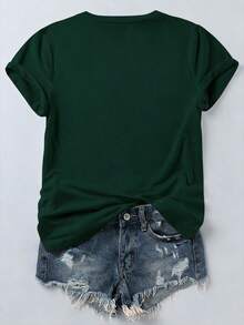 女士休闲短袖圆领圣帕特里克节四叶草爱心图案加大码夏季T恤 - 墨綠色 - 查看 2