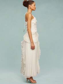 Women Ruffle Hem Pleated Sheer Mesh Long Maxi Dress Sleeveless Halter Neck Irregular Tiered Flowy Long Maxi Dresses For Wedding Guest Summer Holiday Beachwear - 象牙白 - 查看 5