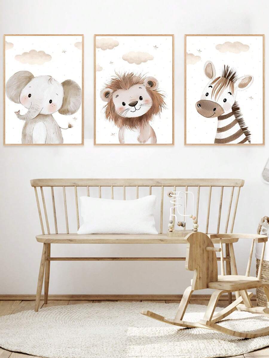 Tranh vải treo tường - Đồ dùng cho bé - Trang trí phòng trẻ chủ đề động vật hoang dã: Tranh vẽ màu nước hình sư tử, voi, ngựa vằn, hoàn hảo cho phòng chơi, phòng trẻ sơ sinh, nhà trẻ, mẫu giáo, phòng bé trai, phòng bé gái, phòng trẻ em. - Nhiều màu - Xem 1