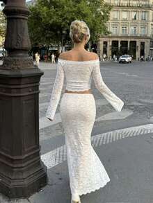 女士优雅白色蕾丝两件套，露肩长袖短款上衣和长款半身裙，Y2K街头风派对装扮 - 白色 - 查看 6