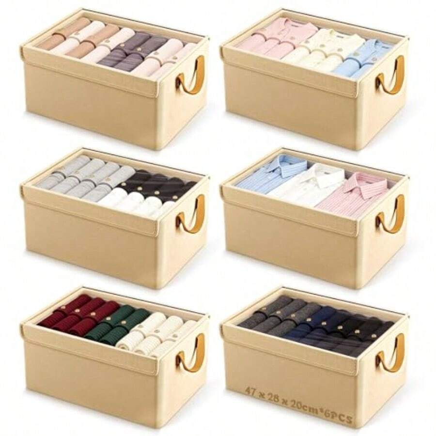 NUEXRY Cajas de Almacenamiento Cajones Organizadores 6pcs Organizador B de Almacenaje con Tapa Pble Organizador de Tela para Arma Ropero Estantería y Oficina ige - Beis - Ver 1