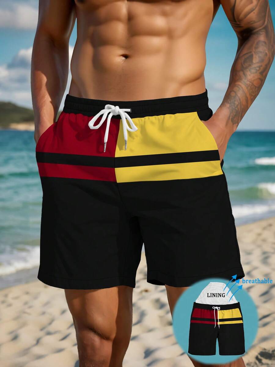 Quần short nam mùa hè in họa tiết, cạp chun, túi xéo, chất liệu Hawaii, nhanh khô, hai lớp lót lưới, họa tiết 3D nghệ thuật phối màu tương phản, quần bơi thời trang thường ngày. - Nhiều màu - Xem 1