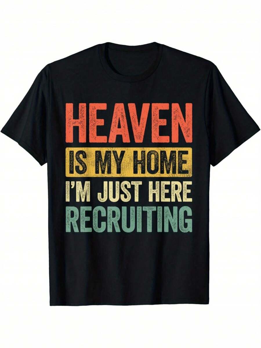 1pc Heaven Is My Home Christian Religious T-Shirt - 100% Loose Fit Soft Breathable Durable Unisex Design with "Heaven Is My Home I'm Here Recruiting", Eye-catching Colorful Print For Church, Prayer, Graphic Tee, Casual Attire, Church Apparel - Negro - Ver 1