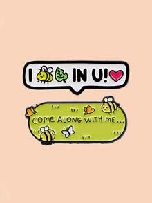 2Pcs Cute Bee Enamel Pin Cartoon Badges On Backpack "COME ALONG WITH ME" Brooches Hat Lapel Pins Cosplay Accessories Toys Gifts - Multicolor - View 3