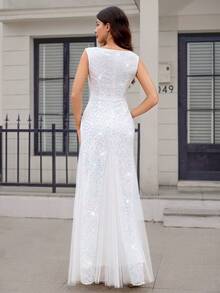 MIUSOL Đầm maxi dạ hội cổ tim, phối màu tương phản, đính sequin và ren lưới, dáng đuôi cá, thích hợp cho đám cưới, màu trắng, mùa xuân. - trắng - Xem 3