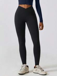 NcmRyu 1pc Women's Elastic Waist Crossover Pocket Skinny Workout Leggings - Black - View 8