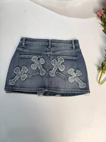 Casual Women's Denim Mini Denim Skirt Slim Fit Patch Design With Medium Stretch Fabric - Blue - View 5