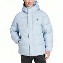 Adidas Daily PUFFY DOWN JKT Logo Pattern Hooded Down Jacket, Warm, Comfortable, Casual, Lightweight, Unisex, Blue.
