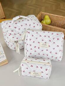 1 pièce Nouveau cadeau de Nouvel An Sac de maquillage en forme de nœud papillon matelassé rouge cerise. Sac cosmétique portable de grande capacité avec fermeture éclair, idéal pour les voyages et les vacances. Peut contenir les serviettes hygiéniques, les clés, les téléphones portables, les chargeurs, les rouges à lèvres, les cosmétiques, les parfums, les pinceaux de maquillage, les produits de soins de la peau et de beauté. Convient aux femmes, aux étudiantes, aux écolières, comme cadeau de fête. - Blanc - Voir 18