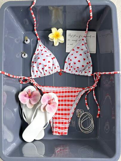 Elegant Women's Heart Pattern Halter Backless Bikini Cute Ruched Bust Swimwear Medium Stretch