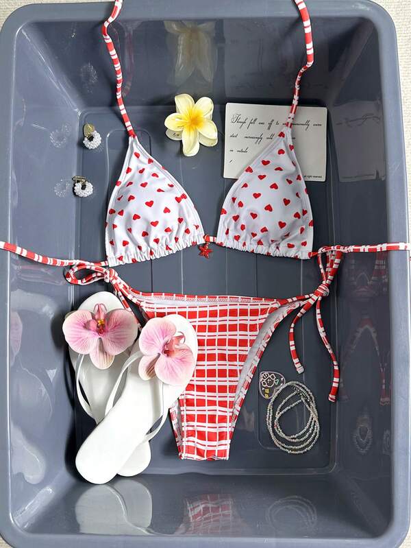 Elegant Women's Heart Pattern Halter Backless Bikini Cute Ruched Bust Swimwear Medium Stretch