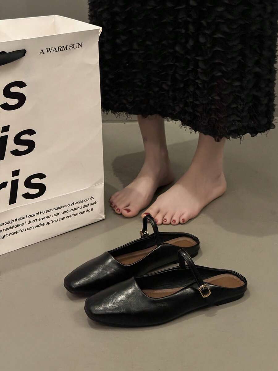 2025新款春秋法式玛丽珍平底一脚蹬鞋，适合搭配连衣裙，优雅温柔 - 黑色 - 查看 1