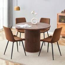 Minimalistic Rundtisch-Set Mit 1 Tisch Und 4 Stühlen.Runder Esstisch Aus MDF Mit 100 Cm Durchmesser In Nussbaumholzoptik.Combiniert Mit 4 Stühlen Aus High-Tech-Stoff Und Verbreiterter Sitzfläche. - Redwood - View 5