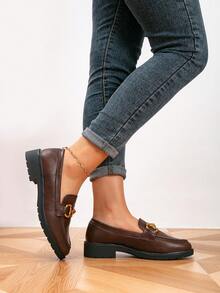 Women's Loafers, Round Toe Metal Buckle Flat Shoes, Outdoor Retro Women's Shoes, Casual College Style Shoes - Bronze - View 3